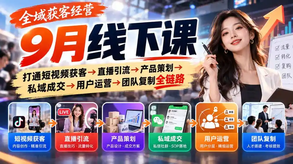 全域获客经营9月线下课：打通短视频获客→直播引流→产品策划→私域成交→用户运营→团队复制全链路-百盟网