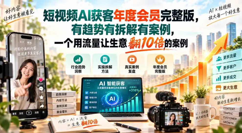 短视频AI获客年度会员完整版，有趋势有拆解有案例，一个用流量让生意翻10倍的案例-百盟网
