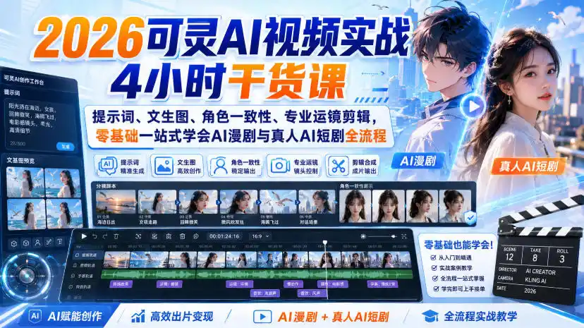 2026可灵AI视频实战4小时干货课｜提示词、文生图、角色一致性、专业运镜剪辑，零基础一站式学会AI漫剧与真人AI短剧全流程-百盟网