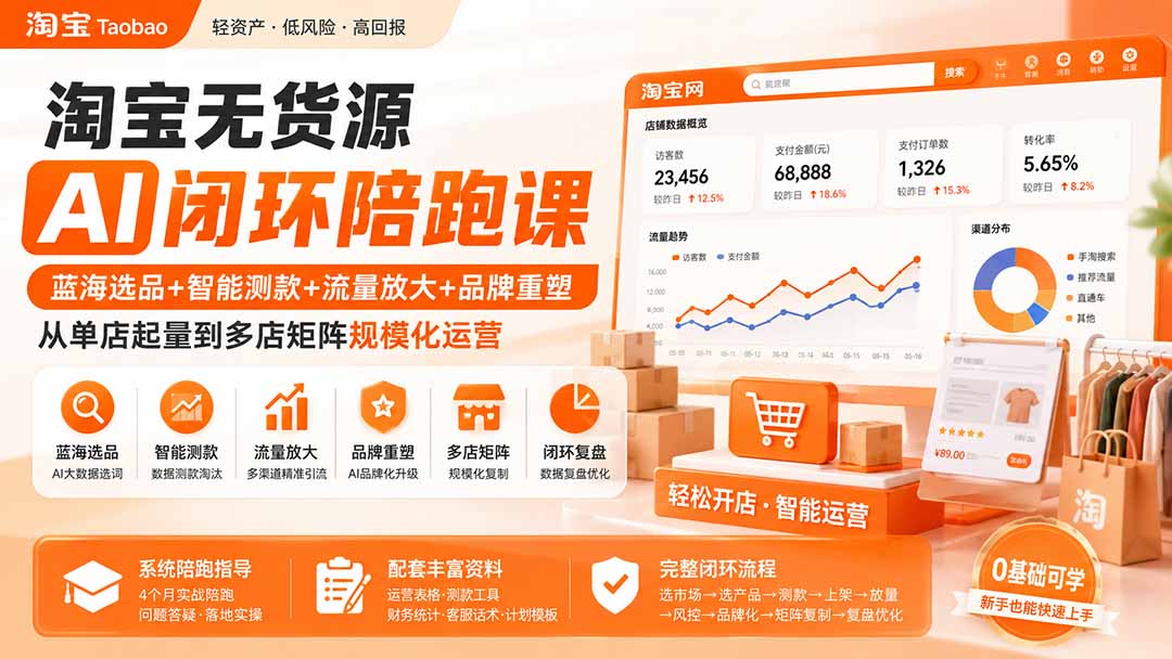 淘宝无货源AI闭环陪跑课：蓝海选品+智能测款+流量放大+品牌重塑，从单店起量到多店矩阵规模化运营-百盟网