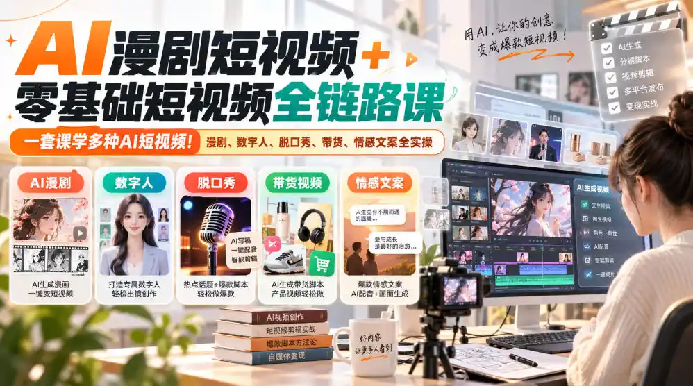 AI漫剧短视频+零基础短视频全链路课，一套课学多种AI短视频！漫剧、数字人、脱口秀、带货、情感文案全实操-百盟网