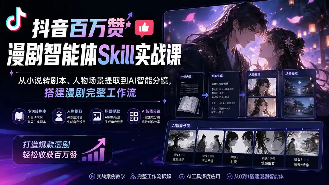 抖音百万赞漫剧智能体Skill实战课:从小说转剧本、人物场景提取到AI智能分镜,搭建漫剧完整工作流 抖音百万赞漫剧智能体Skill实战课:从小说转剧本、人物场景提取到AI智能分镜,搭建漫剧完整工作流
