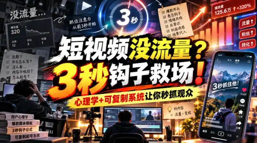【无水印】短视频没流量？3秒钩子救场！心理学+可复制系统让你秒抓观众【原创双语字幕】-百盟网