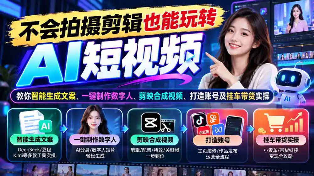 不会拍摄剪辑也能玩转AI短视频:教你智能生成文案、一键制作数字人、剪映合成视频、打造账号及挂车带货实操 不会拍摄剪辑也能玩转AI短视频:教你智能生成文案、一键制作数字人、剪映合成视频、打造账号及挂车带货实操