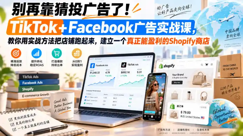 别再靠猜投广告了!TikTok+Facebook广告实战课,教你用实战方法把店铺跑起来,建立一个真正能盈利的Shopify商店【原创双语字幕】-百盟网