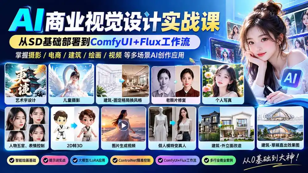 【无水印】AI商业视觉设计实战课：从SD基础部署到ComfyUI+Flux工作流，掌握摄影电商建筑AI创作