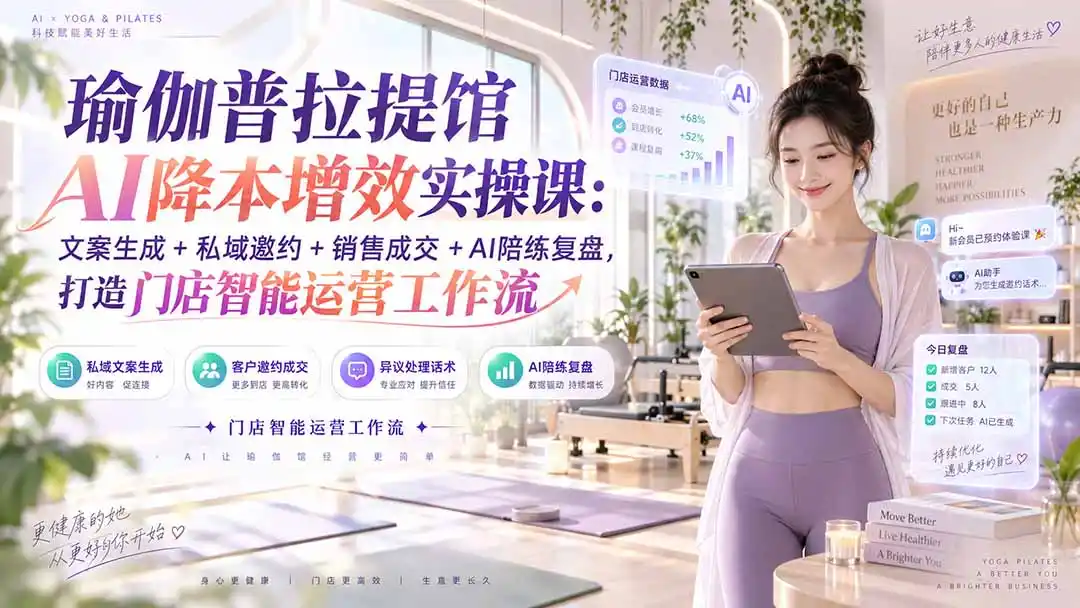 瑜伽普拉提馆AI降本增效实操课：文案生成+私域邀约+销售成交+AI陪练复盘，打造门店智能运营工作流-百盟网