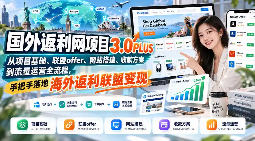 国外返利网项目3.0PLUS，从项目基础、联盟offer、网站搭建、收款方案到流量运营全流程，手把手落地海外返利联盟变现-百盟网