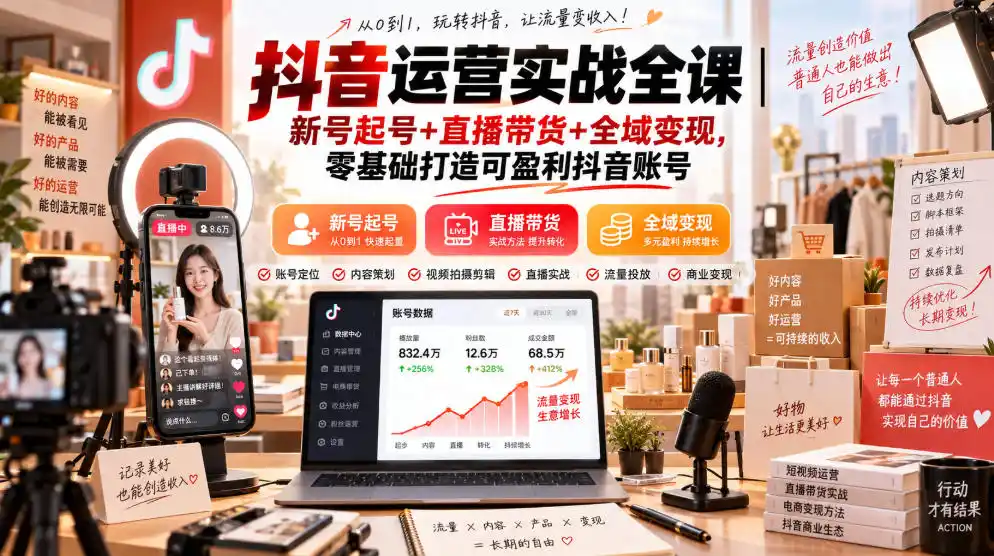 抖音运营实战全课｜新号起号+直播带货+全域变现，零基础打造可盈利抖音账号-百盟网
