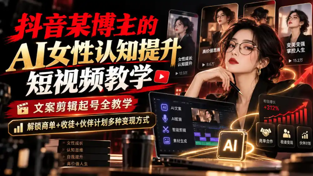 抖音某博主的Ai女性认知提升短视频教学，文案剪辑起号全教学，解锁商单+收徒+伙伴计划多种变现方式-百盟网