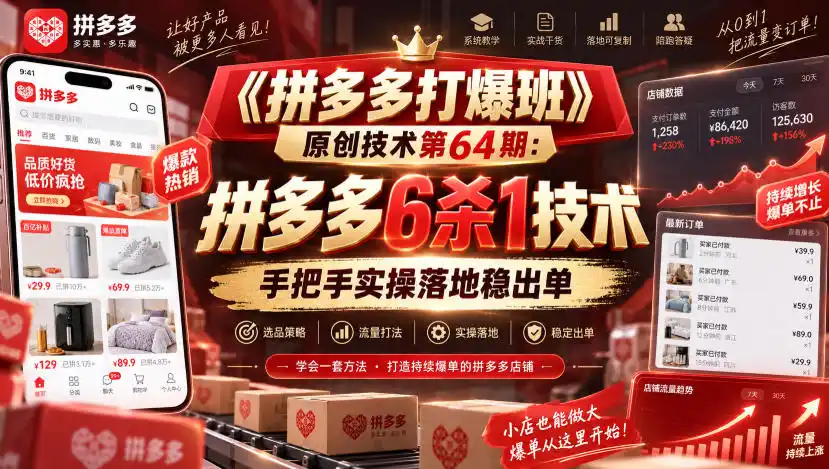 《拼多多打爆班》原创技术第64期:拼多多6杀1技术,手把手实操落地稳出单-百盟网