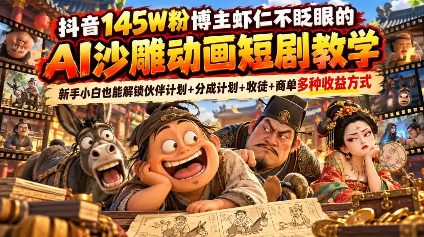 抖音145W粉博主虾仁不眨眼的AI沙雕动画短剧教学，新手小白也能解锁伙伴计划+分成计划+收徒+商单多种收益方式