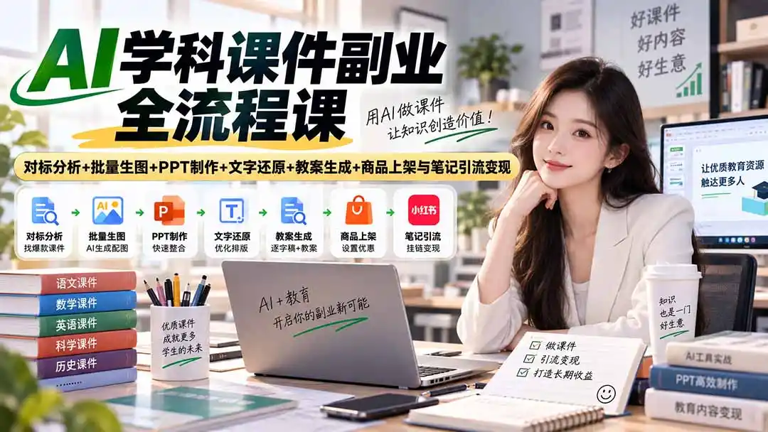 AI学科课件副业全流程课｜对标分析+批量生图+PPT制作+文字还原+教案生成+商品上架与笔记引流变现