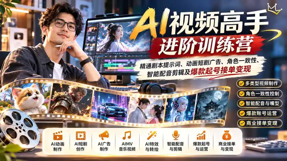 AI视频高手进阶训练营：精通剧本提示词、动画短剧广告、角色一致性、智能配音剪辑及爆款起号接单变现-百盟网