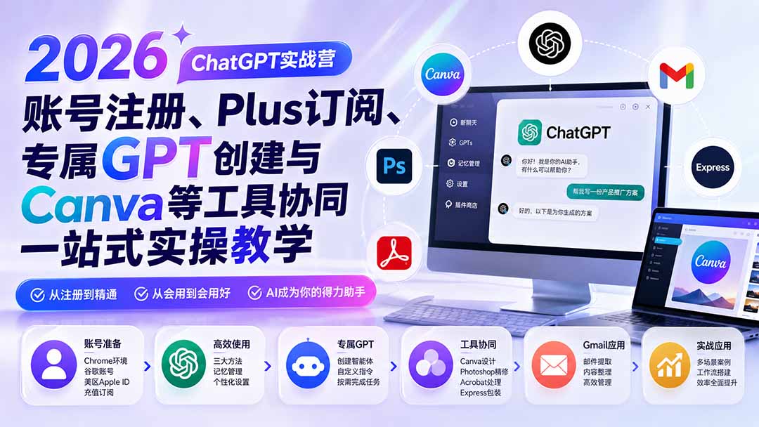 2026 ChatGPT实战营；账号注册、Plus订阅、专属GPT创建与Canva等工具协同一站式实操教学-百盟网