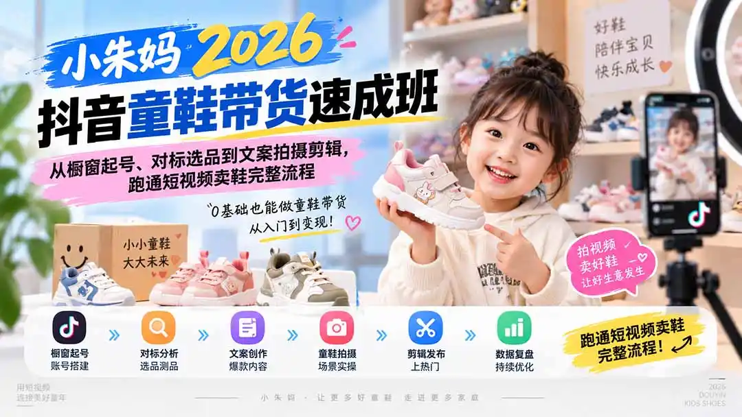 小朱妈2026抖音童鞋带货速成班：从橱窗起号、对标选品到文案拍摄剪辑，跑通短视频卖鞋完整流程-百盟网