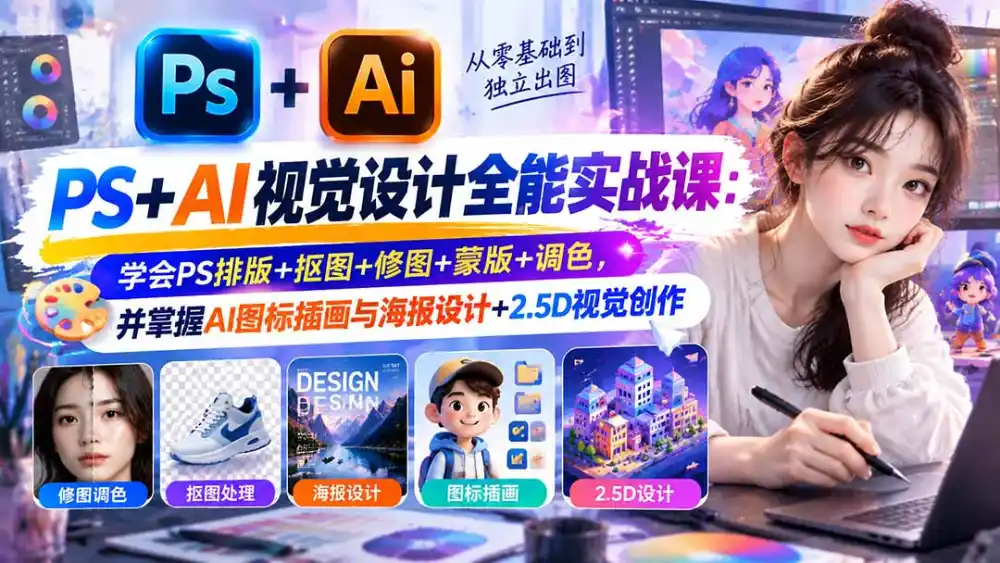 【无水印】PS+AI视觉设计全能实战课：学会PS排版+抠图+修图+蒙版+调色，并掌握AI图标插画与海报设计+2.5D视觉创作-百盟网