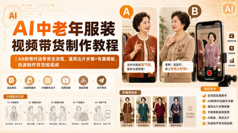 AI中老年服装视频带货制作教程|AB剧情对话带货全流程,通用出片步骤+专属模板,快速制作带货短视频-百盟网