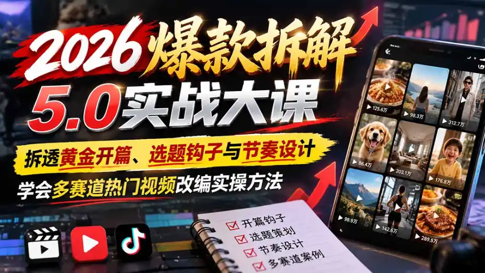 2026爆款拆解5.0实战大课：拆透黄金开篇、选题钩子与节奏设计，学会多赛道热门视频改编实操方法-百盟网
