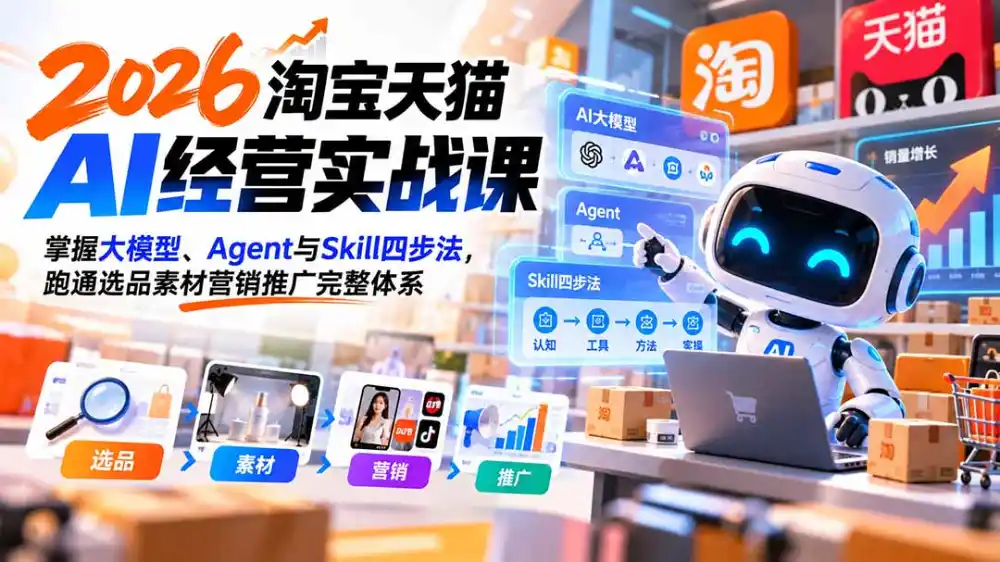 【无水印】2026淘宝天猫AI经营实战课：掌握大模型、Agent与Skill四步法，跑通选品素材营销推广完整体系-百盟网