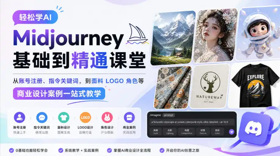 轻松学AI Midjourney基础到精通课堂，从账号注册、指令关键词，到面料LOGO角色等商业设计案例一站式教学-百盟网