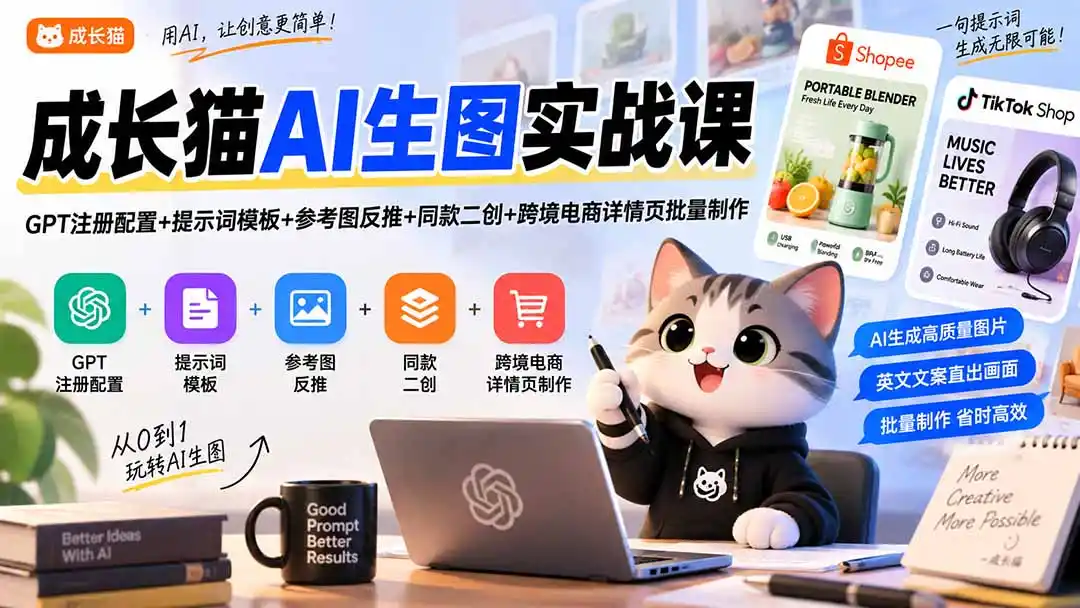 成长猫AI生图实战课｜GPT注册配置+提示词模板+参考图反推+同款二创+跨境电商详情页批量制作
