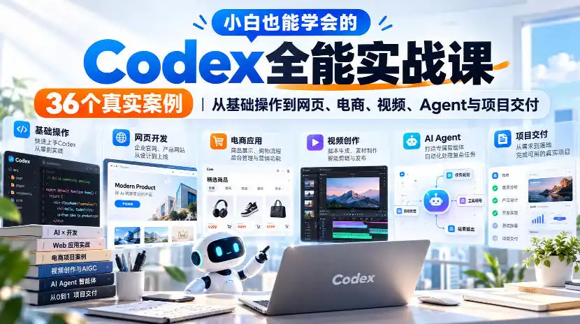 小白也能学会的Codex全能实战课|36个真实案例,从基础操作到网页、电商、视频、Agent与项目交付 小白也能学会的Codex全能实战课|36个真实案例,从基础操作到网页、电商、视频、Agent与项目交付