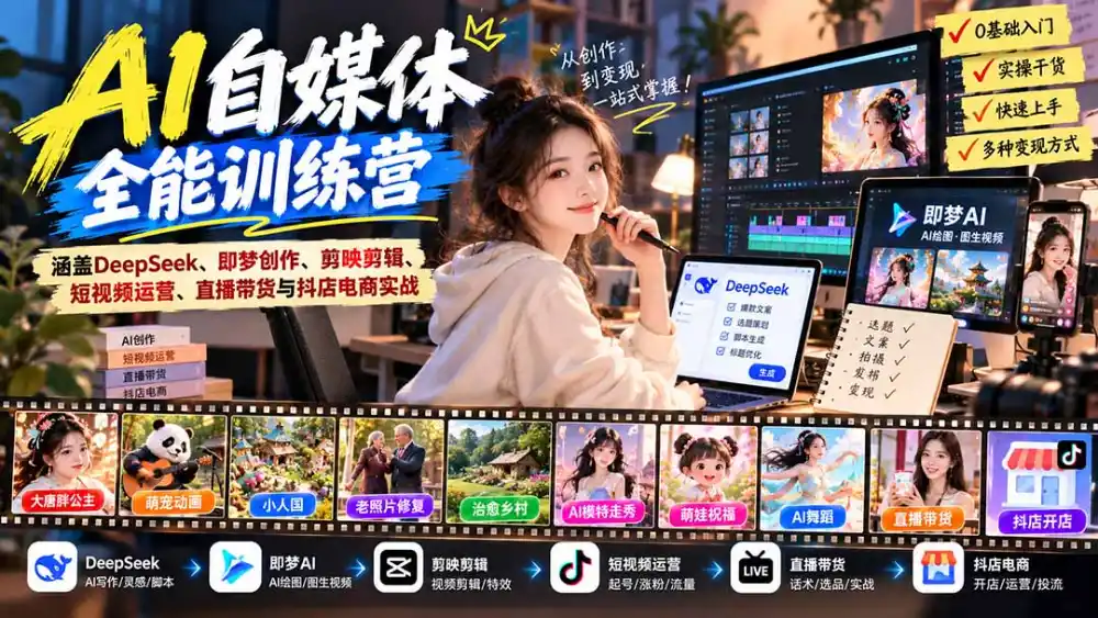 【无水印】AI+自媒体全能训练营：涵盖DeepSeek、即梦创作、剪映剪辑、短视频运营、直播带货与抖店电商实战-百盟网