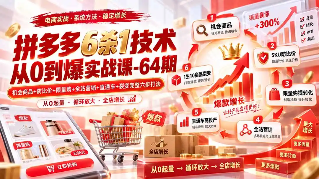 拼多多6杀1技术从0到爆实战课-64期：机会商品+防比价+限量购+全站营销+直通车+裂变完整六步打法-百盟网