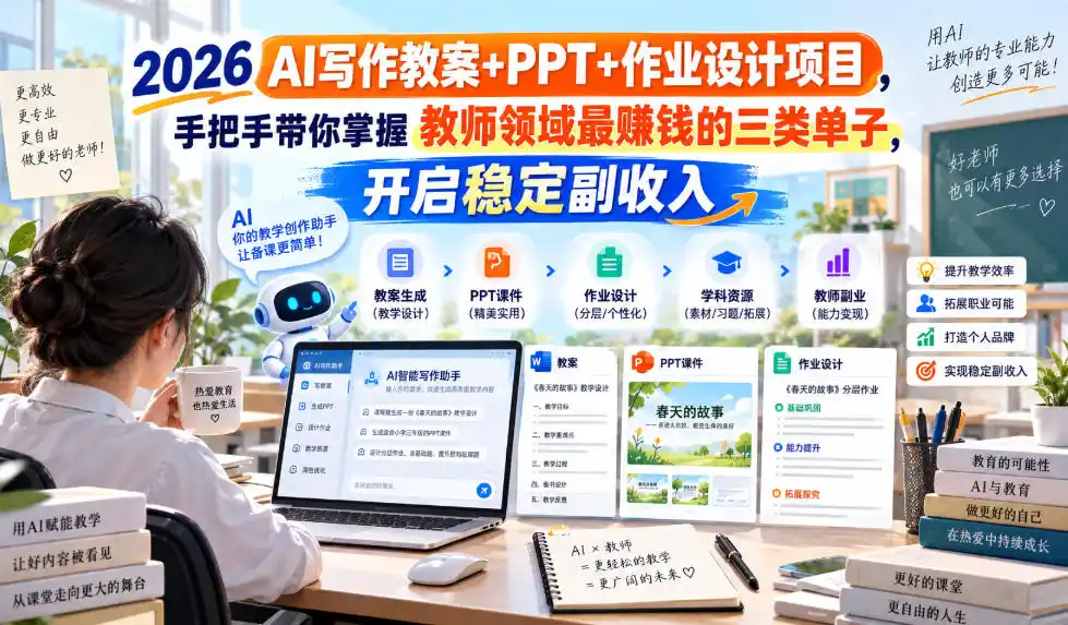 2026 AI写作教案+PPT+作业设计项目，手把手带你掌握教师领域最賺钱的三类单子，开启稳定副收入-百盟网