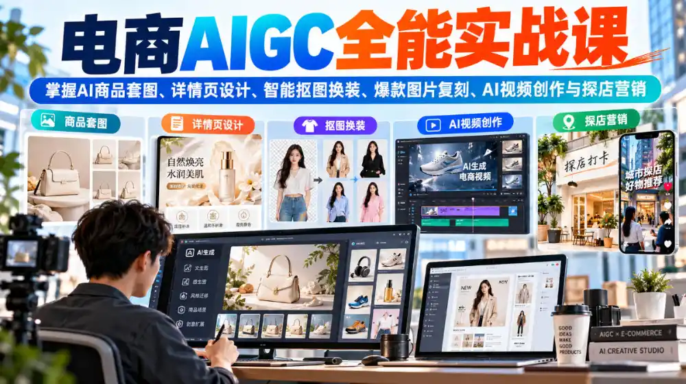 电商AIGC全能实战课：掌握AI商品套图、详情页设计、智能抠图换装、爆款图片复刻、AI视频创作与探店营销-百盟网
