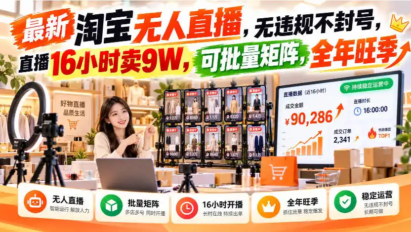 最新淘宝无人直播，无违规不封号，直播16小时卖9W，可批量矩阵，全年旺季【揭秘】-百盟网