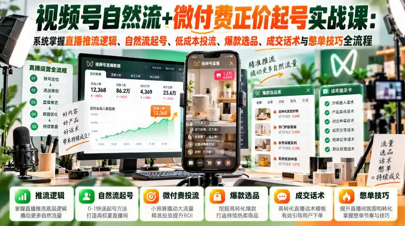 视频号自然流+微付费正价起号实战课：系统掌握直播推流逻辑、自然流起号、低成本投流、爆款选品、成交话术与憋单技巧全流程-百盟网