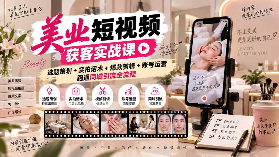 美业短视频获客实战课-无水印：选题策划+实拍话术+爆款剪辑+账号运营，跑通同城引流全流程-百盟网