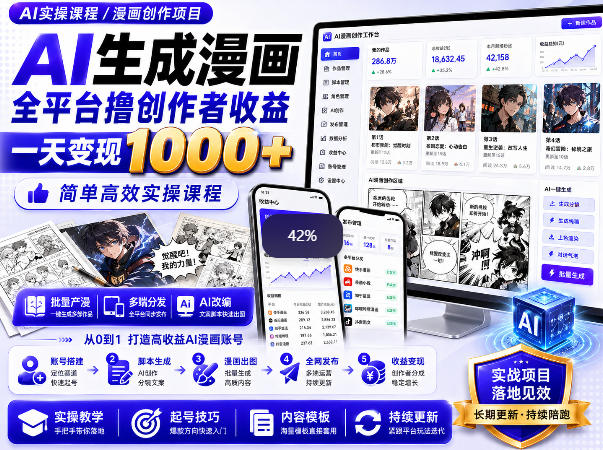 AI生成漫画全平台撸创作者收益内部课程，实操最高单日变现1k+-百盟网