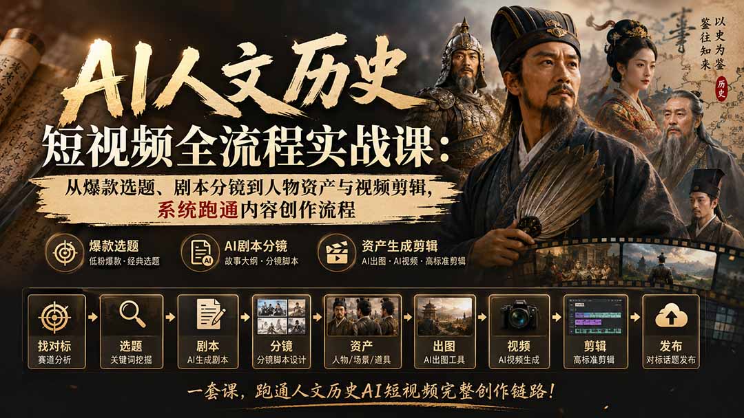 AI人文历史短视频全流程实战课：从爆款选题、剧本分镜到人物资产与视频剪辑，系统跑通内容创作流程-百盟网