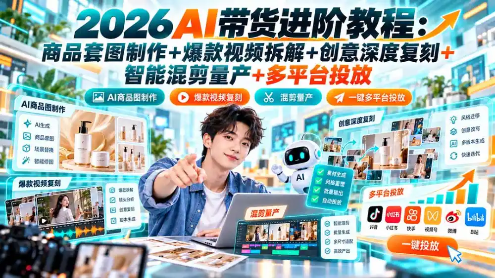 2026AI带货进阶教程：商品套图制作+爆款视频拆解+创意深度复刻+智能混剪量产+多平台投放-百盟网