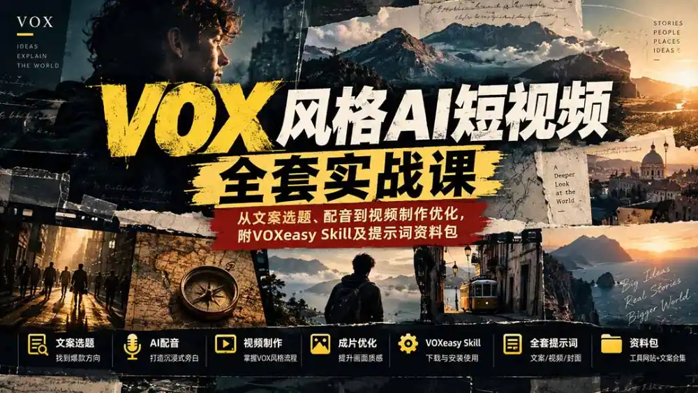 【无水印】VOX风格AI短视频全套实战课:从文案选题、配音到视频制作优化,附VOXeasy Skill及提示词资料包 【无水印】VOX风格AI短视频全套实战课:从文案选题、配音到视频制作优化,附VOXeasy Skill及提示词资料包