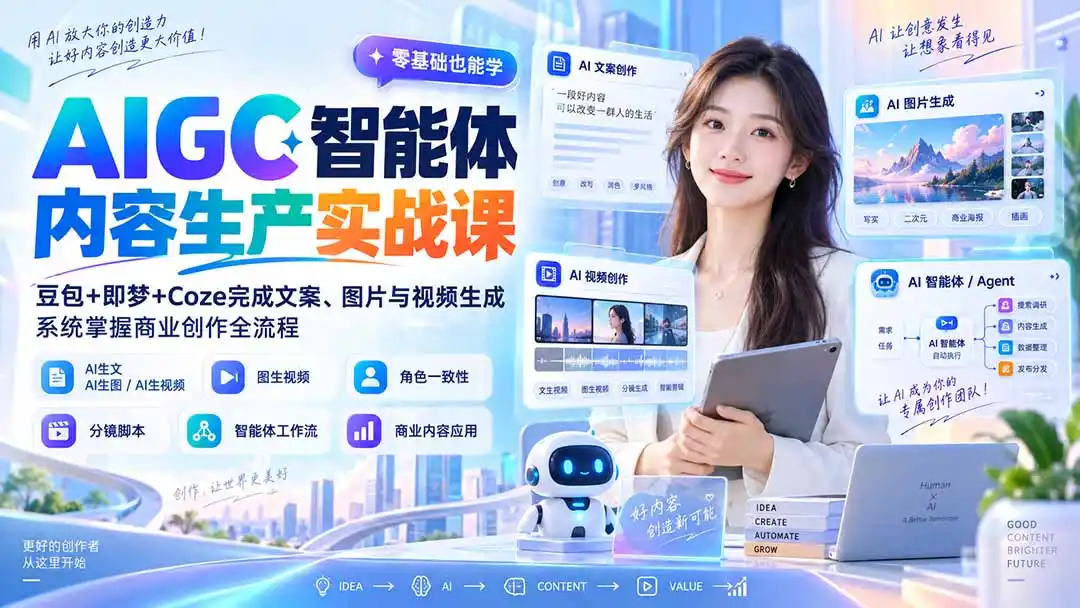 AIGC智能体内容生产实战课:豆包+即梦+Coze完成文案、图片与视频生成,系统掌握商业创作全流程 AIGC智能体内容生产实战课:豆包+即梦+Coze完成文案、图片与视频生成,系统掌握商业创作全流程