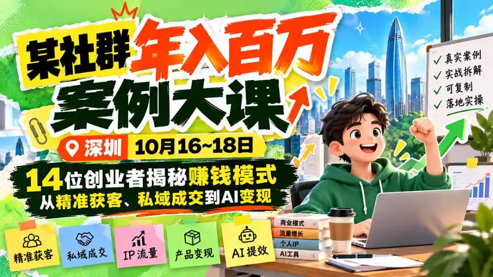 某社群年入百万案例大课-深圳10月16~18日:14位创业者揭秘赚钱模式,从精准获客、私域成交到AI变现 某社群年入百万案例大课-深圳10月16~18日:14位创业者揭秘赚钱模式,从精准获客、私域成交到AI变现