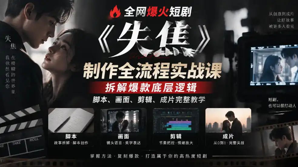 全网爆火短剧《失焦》制作全流程实战课|拆解爆款底层逻辑,脚本、画面、剪辑、成片完整教学 全网爆火短剧《失焦》制作全流程实战课|拆解爆款底层逻辑,脚本、画面、剪辑、成片完整教学