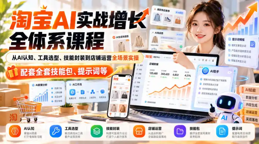 淘宝AI实战增长全体系课程，从AI认知、工具选型、技能封装到店铺运营全场景实操，配套全套技能包、提示词等-百盟网