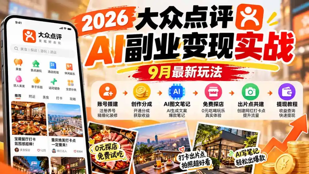 2026大众点评AI副业变现实战9月最新玩法：账号搭建+创作分成+AI图文笔记+免费探店+出片点共建与提现教程-百盟网