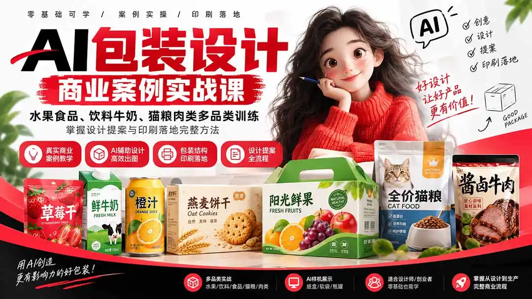 AI包装设计商业案例实战课:水果食品、饮料牛奶、猫粮肉类多品类训练,掌握设计提案与印刷落地完整方法 AI包装设计商业案例实战课:水果食品、饮料牛奶、猫粮肉类多品类训练,掌握设计提案与印刷落地完整方法
