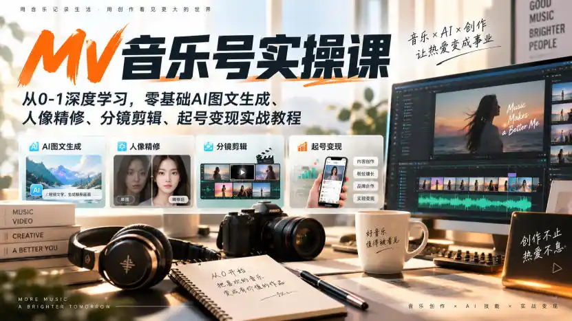 AI MV音乐号实操课，从0-1深度学习，零基础AI图文生成、人像精修、分镜剪辑、起号变现实战教程-百盟网