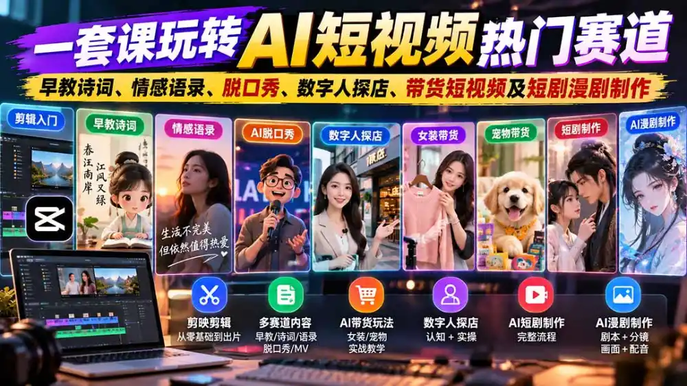 一套课玩转AI短视频热门赛道：早教诗词、情感语录、脱口秀、数字人探店、带货短视频及短剧漫剧制作 复制标题-百盟网