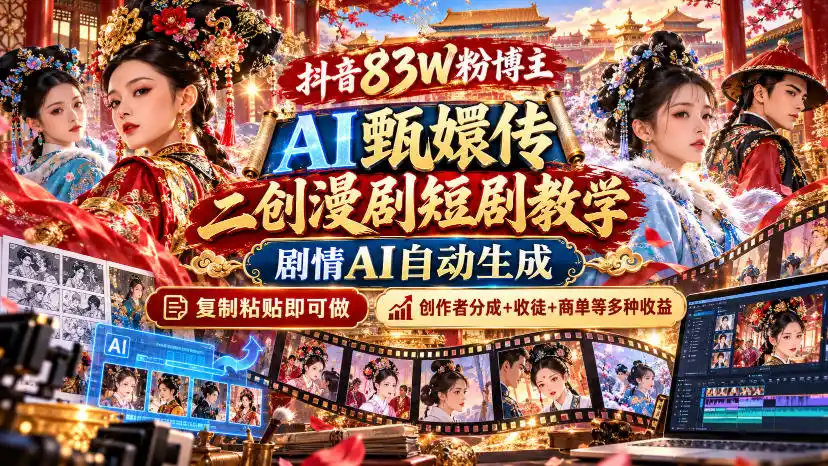 抖音83W粉博主AI甄嬛传二创漫剧短剧教学｜剧情AI自动生成，复制粘贴即可做，各大平台创作者分成+收徒等多种收益