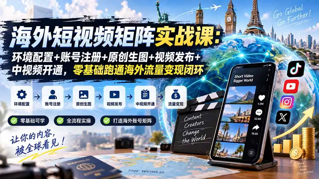 海外短视频矩阵实战课：环境配置+账号注册+原创生图+视频发布+中视频开通，零基础跑通海外流量变现闭环-百盟网