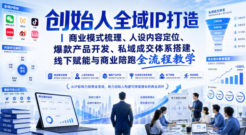 创始人全域IP打造｜商业模式梳理、人设内容定位、爆款产品开发、私域成交体系搭建、线下赋能与商业陪跑全流程教学-百盟网