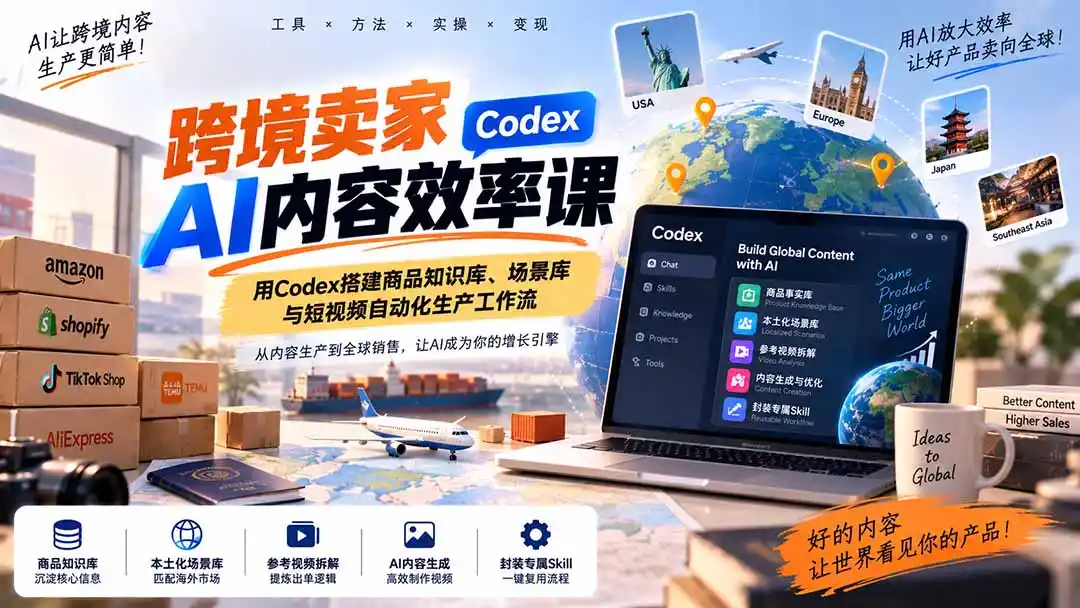 跨境卖家AI内容效率课：用Codex搭建商品知识库、场景库与短视频自动化生产工作流-百盟网